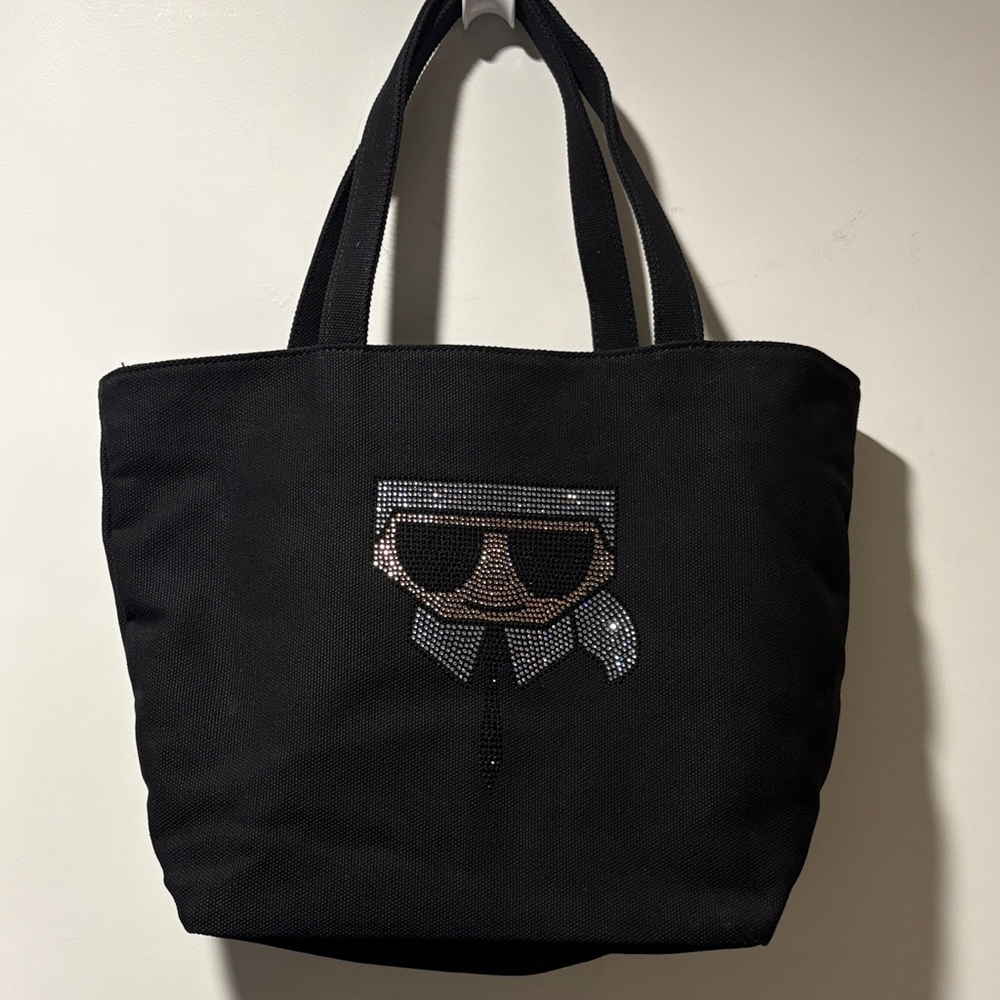 Karl Lagerfeld Paris Tote Bag, Black Canvas, Zipper Tote, Iconic Sparkle Graphic